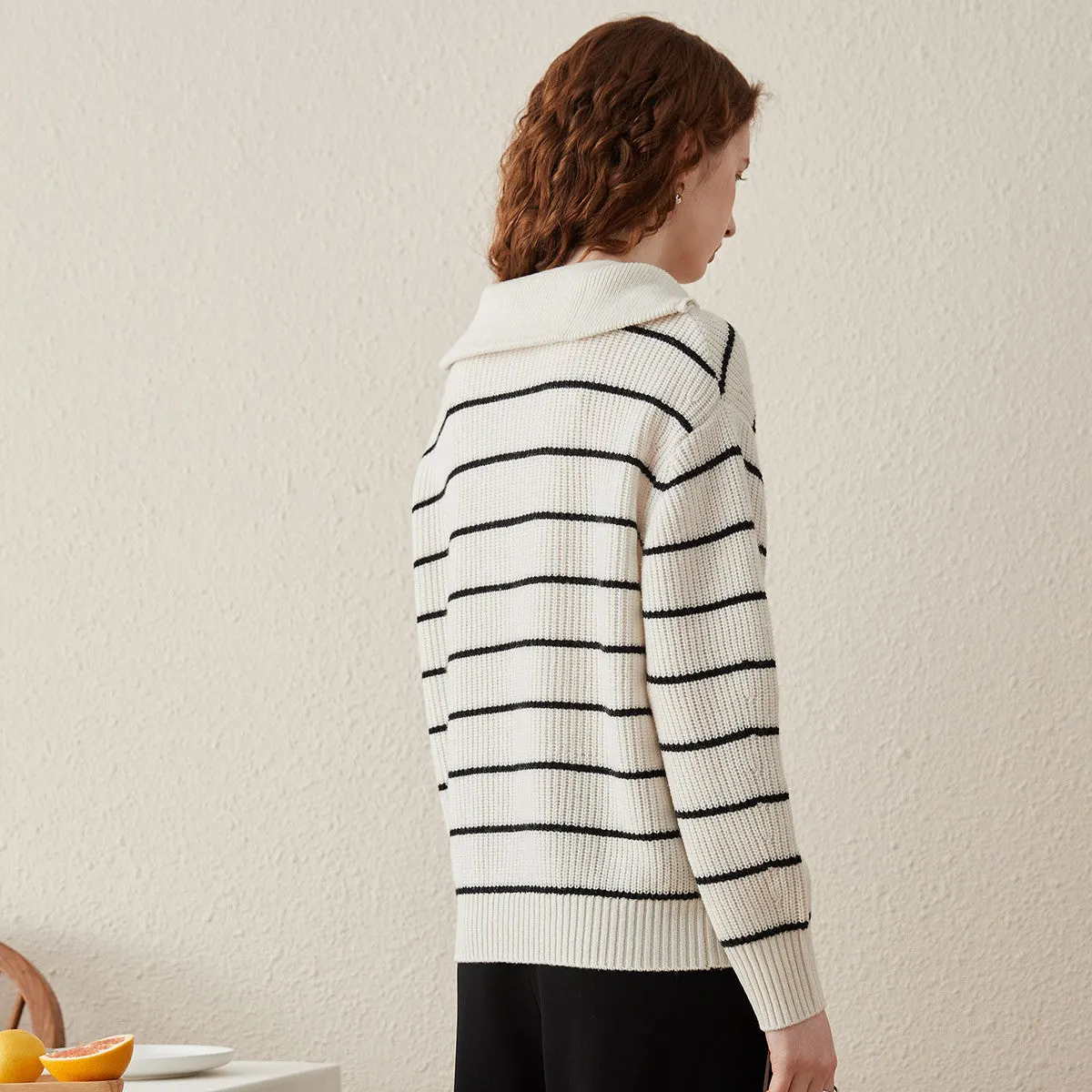 100% Wool Striped Ribbed Half-Zip Sweater