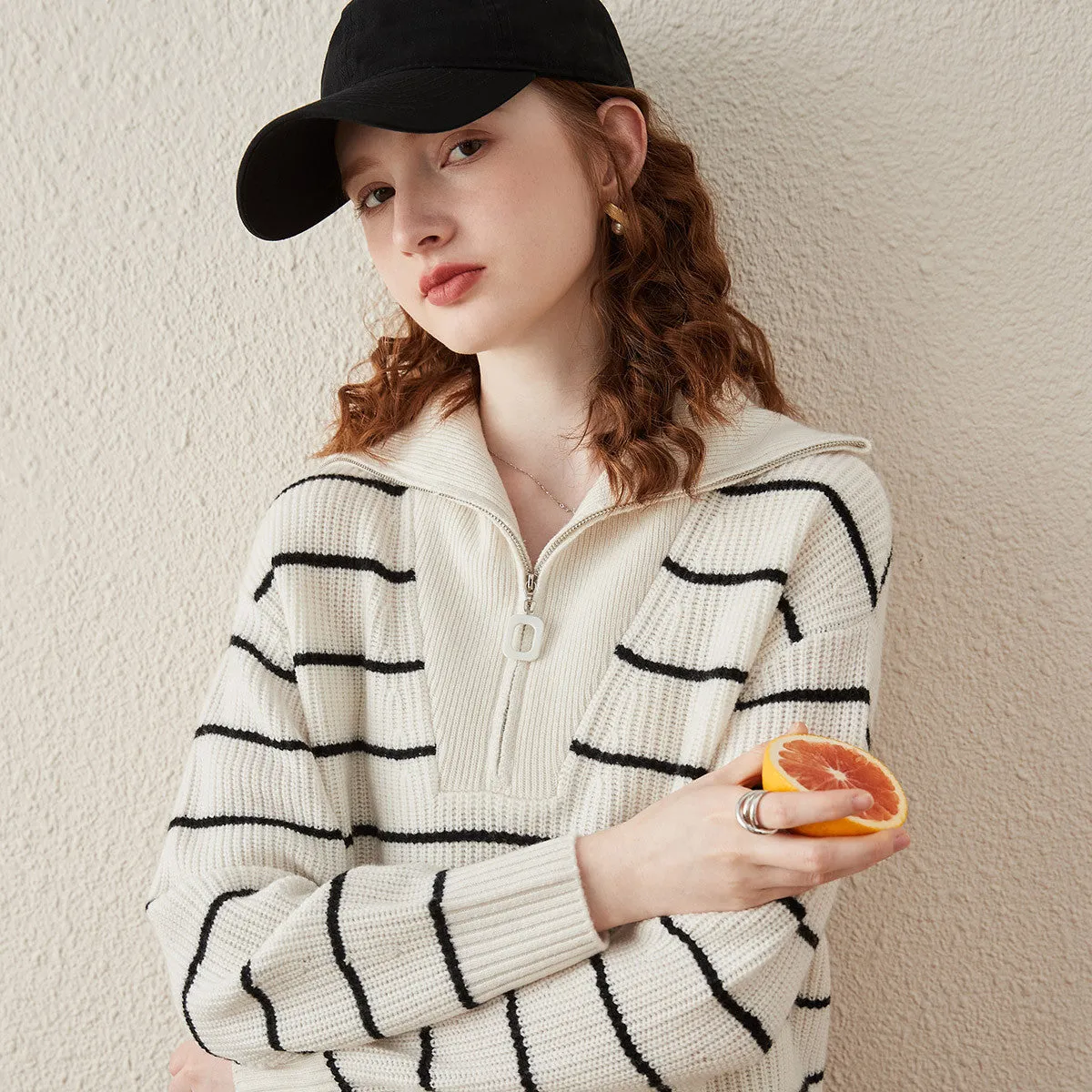 100% Wool Striped Ribbed Half-Zip Sweater