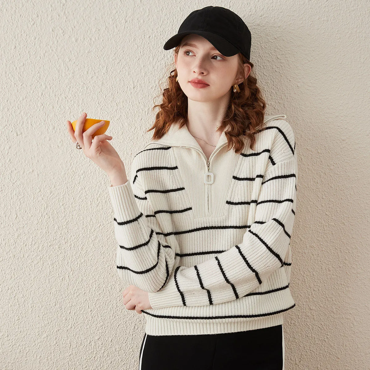 100% Wool Striped Ribbed Half-Zip Sweater