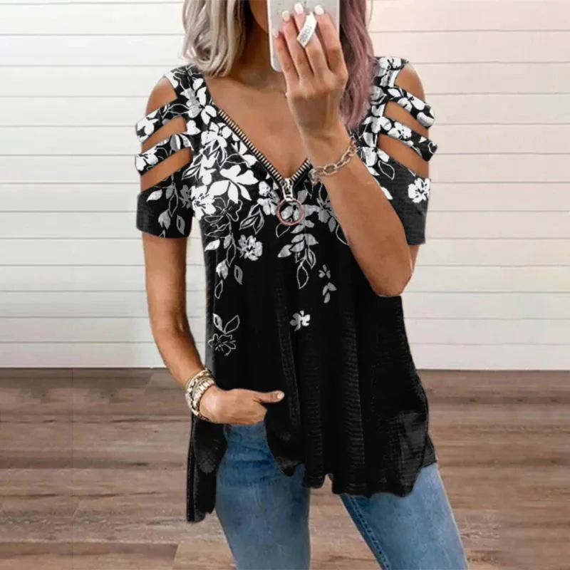  2021 Womens Fashion Short Sleeve V-neck T Shirt 