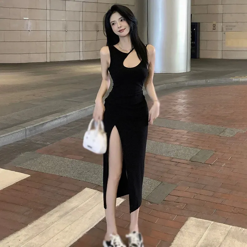 2024 New Summer Open Party Sexy Korean Summer Solid Color Hollow Slim Fit Sexy Split Mid length Sling Dress