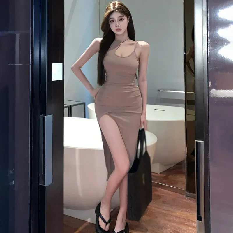 2024 New Summer Open Party Sexy Korean Summer Solid Color Hollow Slim Fit Sexy Split Mid length Sling Dress