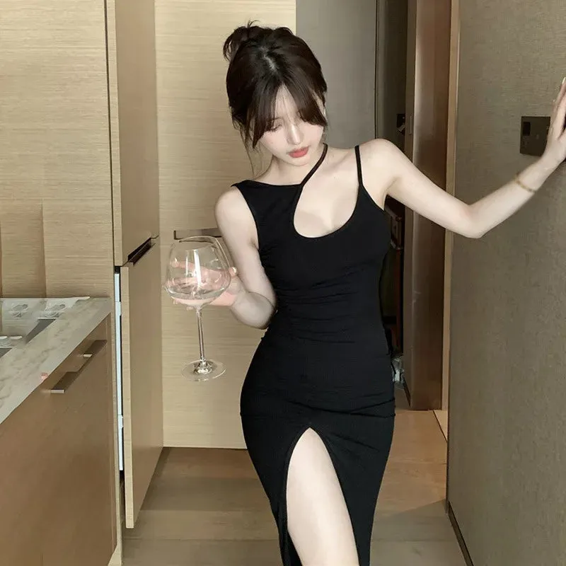 2024 New Summer Open Party Sexy Korean Summer Solid Color Hollow Slim Fit Sexy Split Mid length Sling Dress