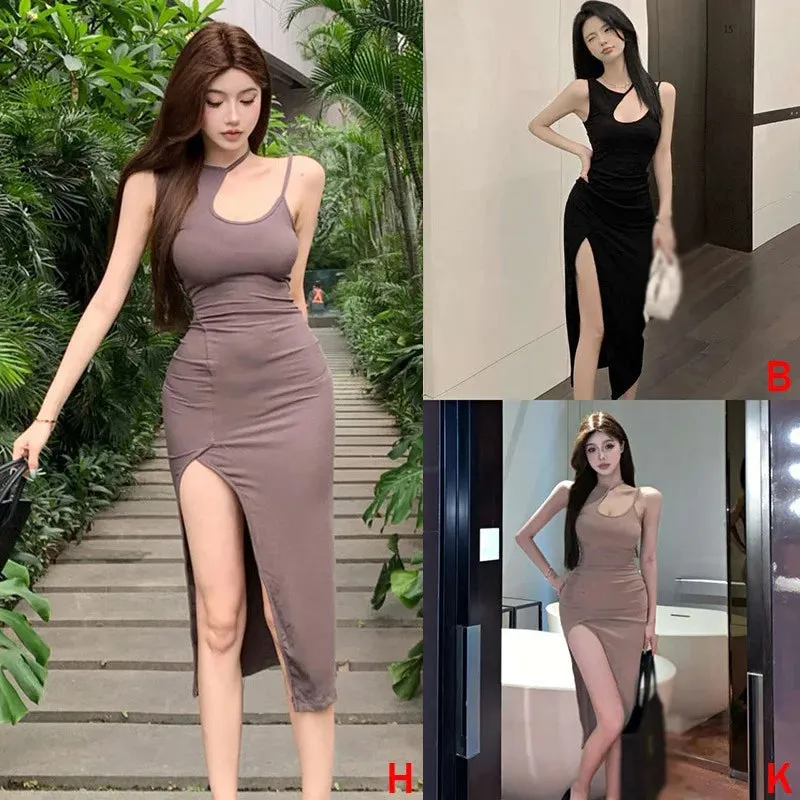 2024 New Summer Open Party Sexy Korean Summer Solid Color Hollow Slim Fit Sexy Split Mid length Sling Dress