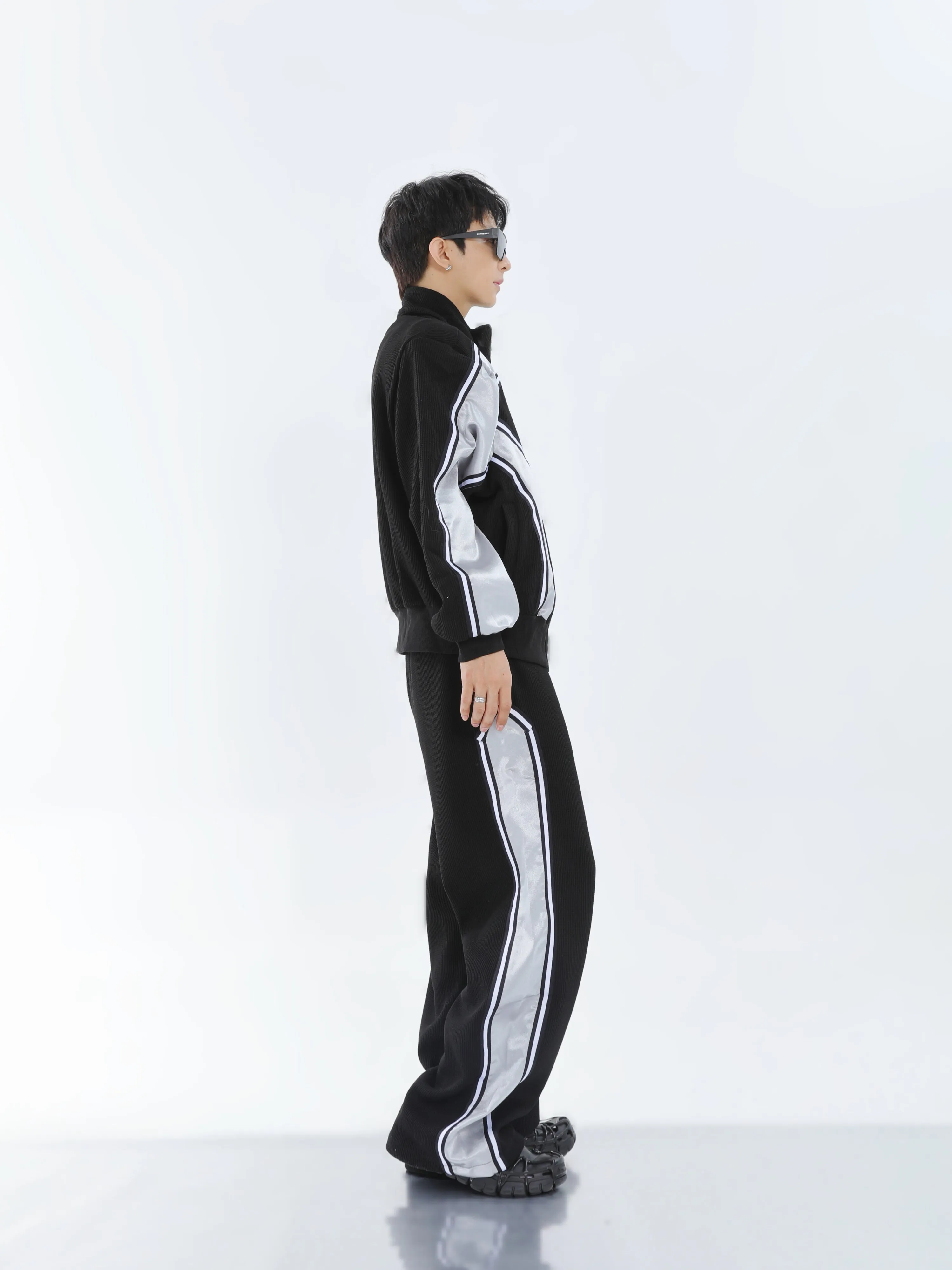 【23s September.】Striped Patchwork Waffle Sweatshirt Wide-Leg Pants Suit