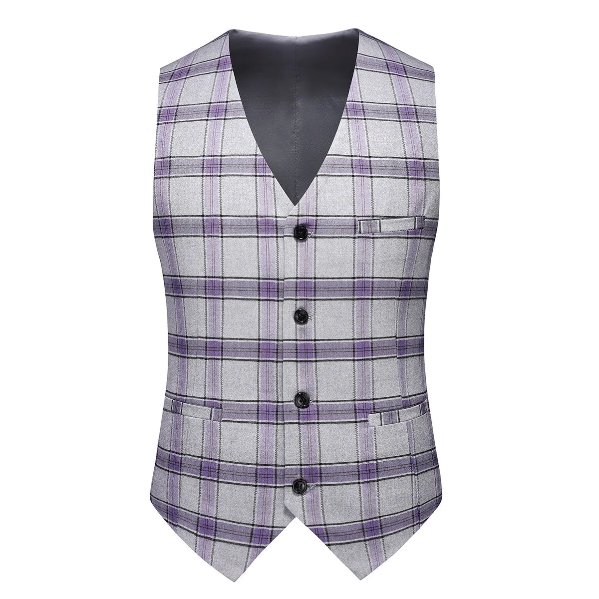 3-Piece Men's Plaid Lapel Collar One Button Suit Purple