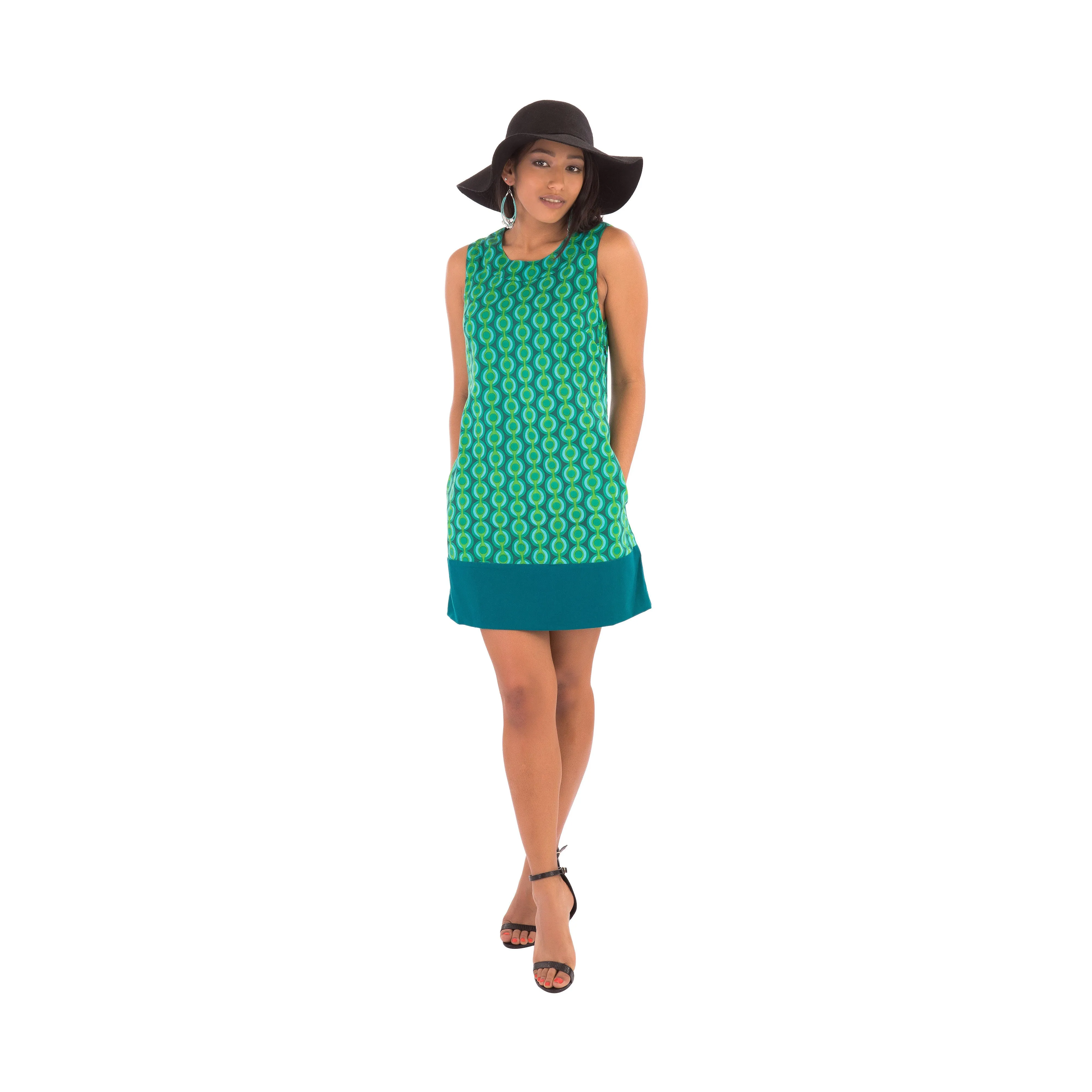 60s Style Cotton Dress Green Print with Pockets