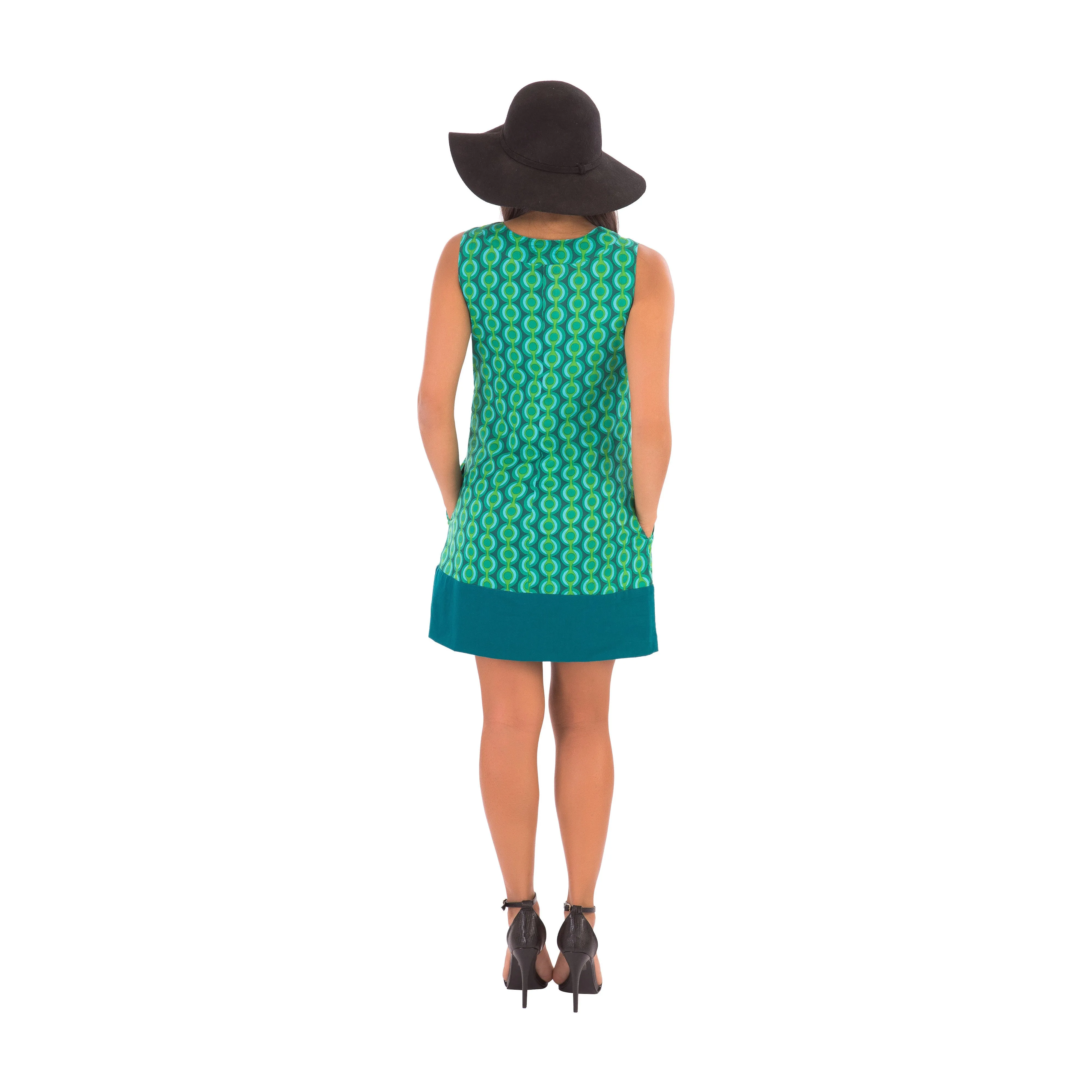 60s Style Cotton Dress Green Print with Pockets