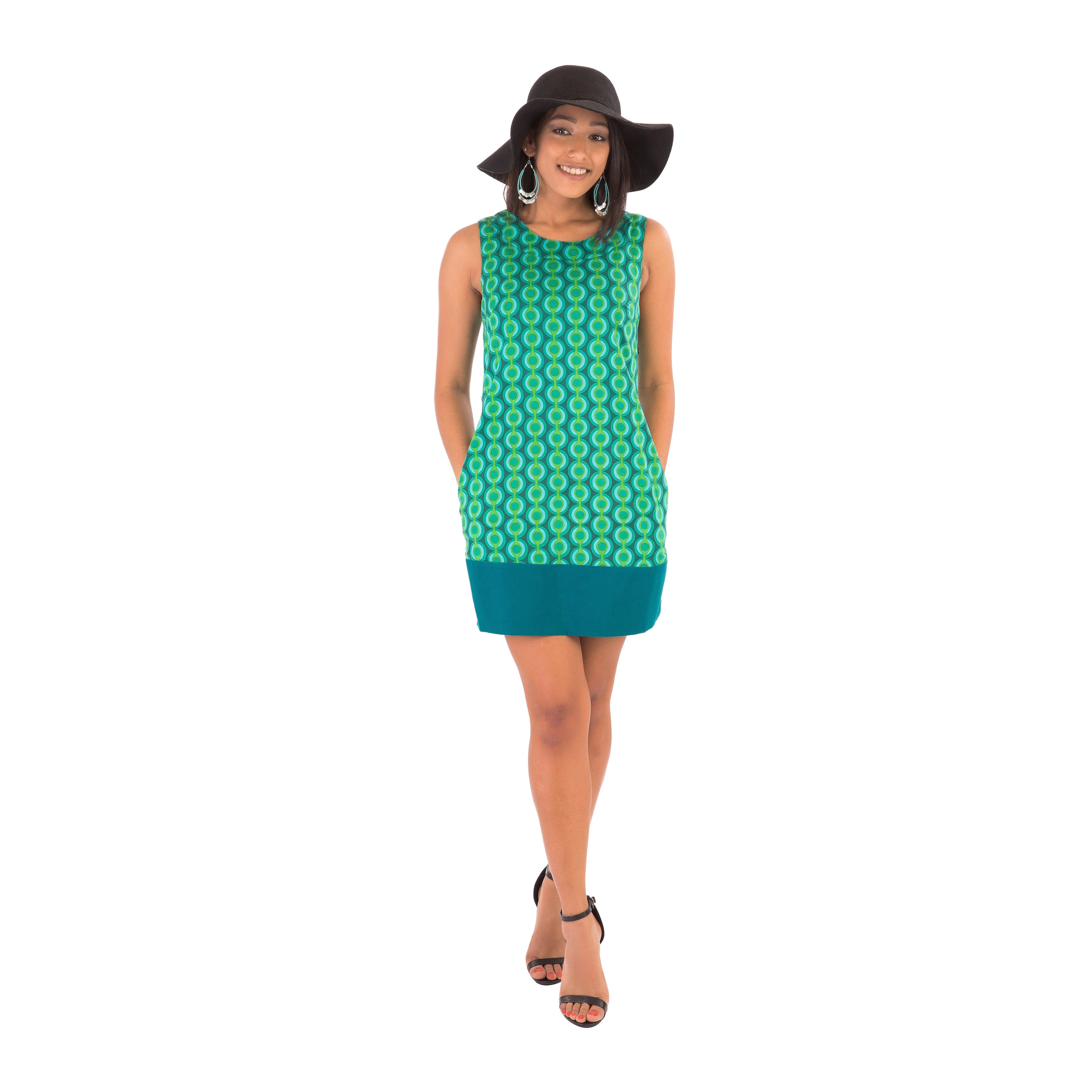 60s Style Cotton Dress Green Print with Pockets