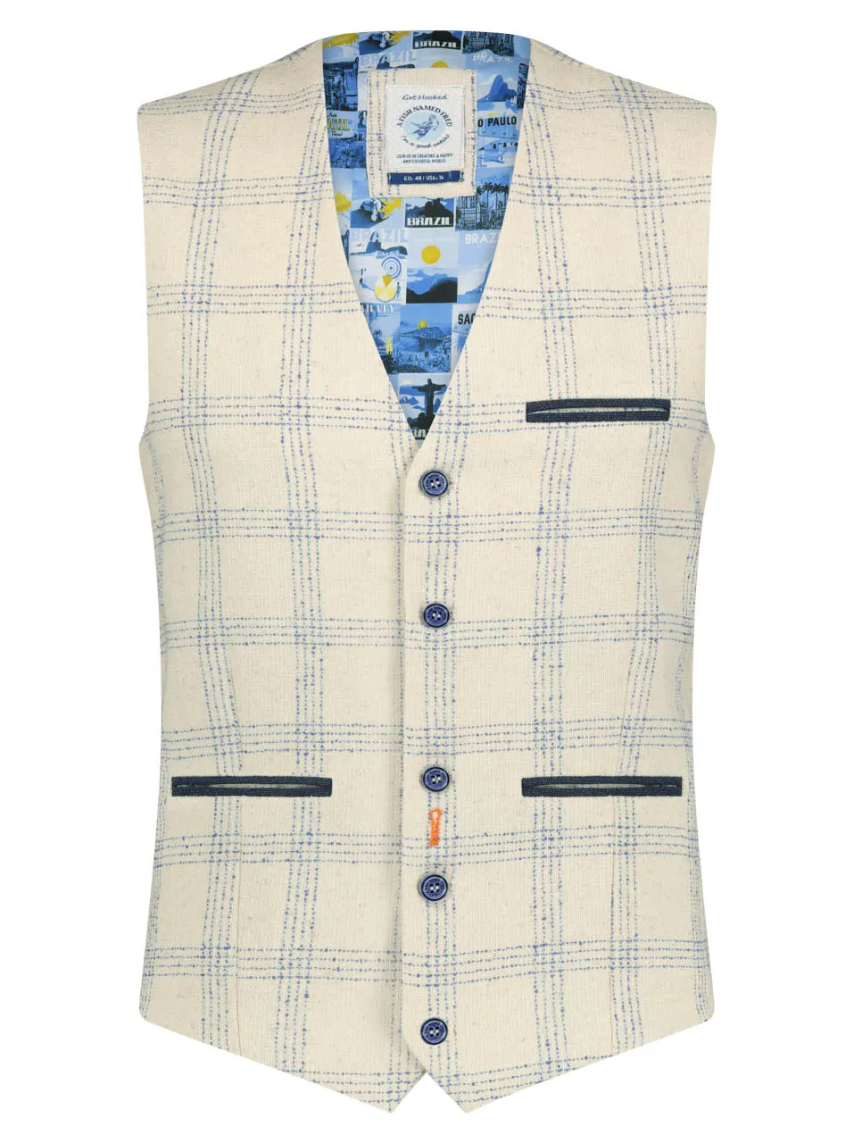 A Fish Named Fred waistcoat white blue linen check white