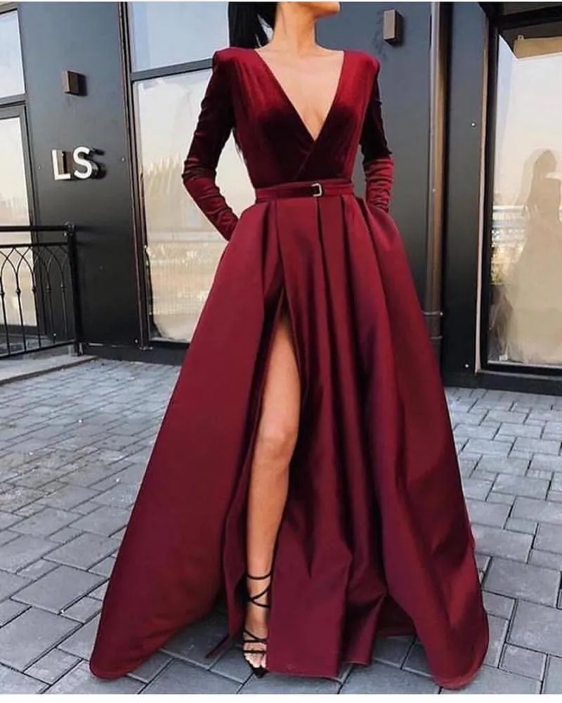 A Line Deep V Neck Black/Burgundy Long Sleeves Satin Prom With Leg Slit, Black/Burgundy Formal, Graduation, Evening