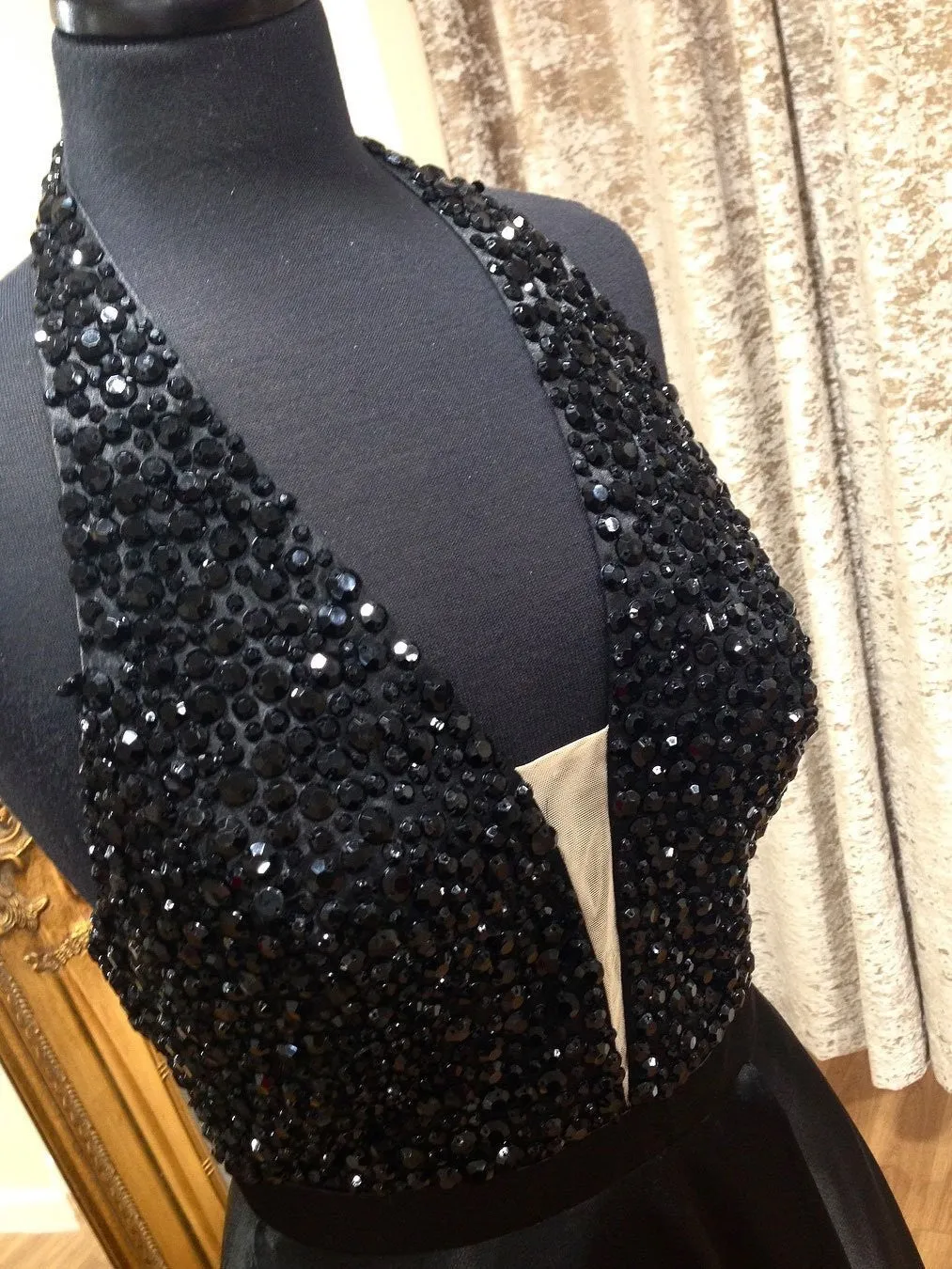 A Line Halter Neck Backless Beaded Black Long Prom Dresses, V Neck Black Formal Dresses, Backless Black Evening Dresses