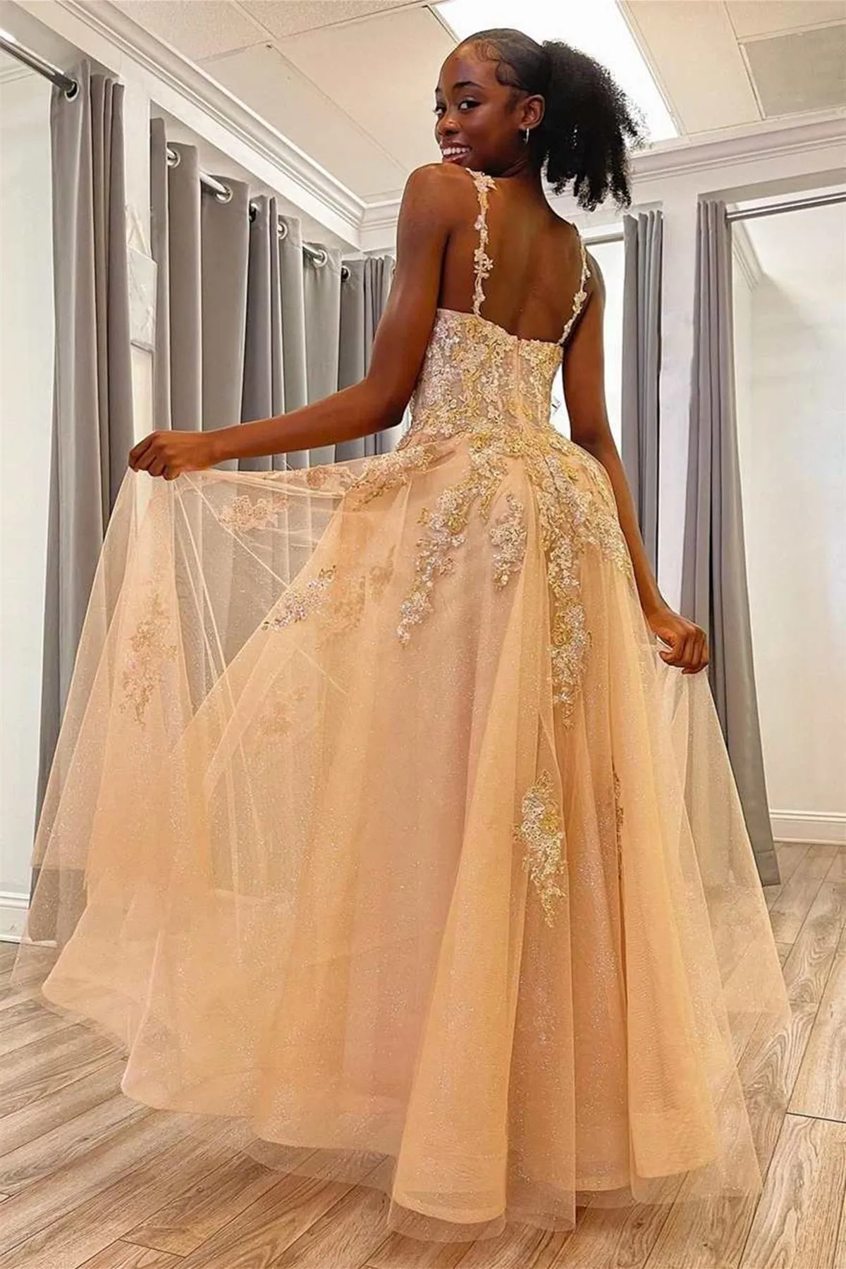 A Line Open Back Champagne Lace Tulle Long Prom Dress, Champagne Lace Formal Graduation Evening Dress A1781