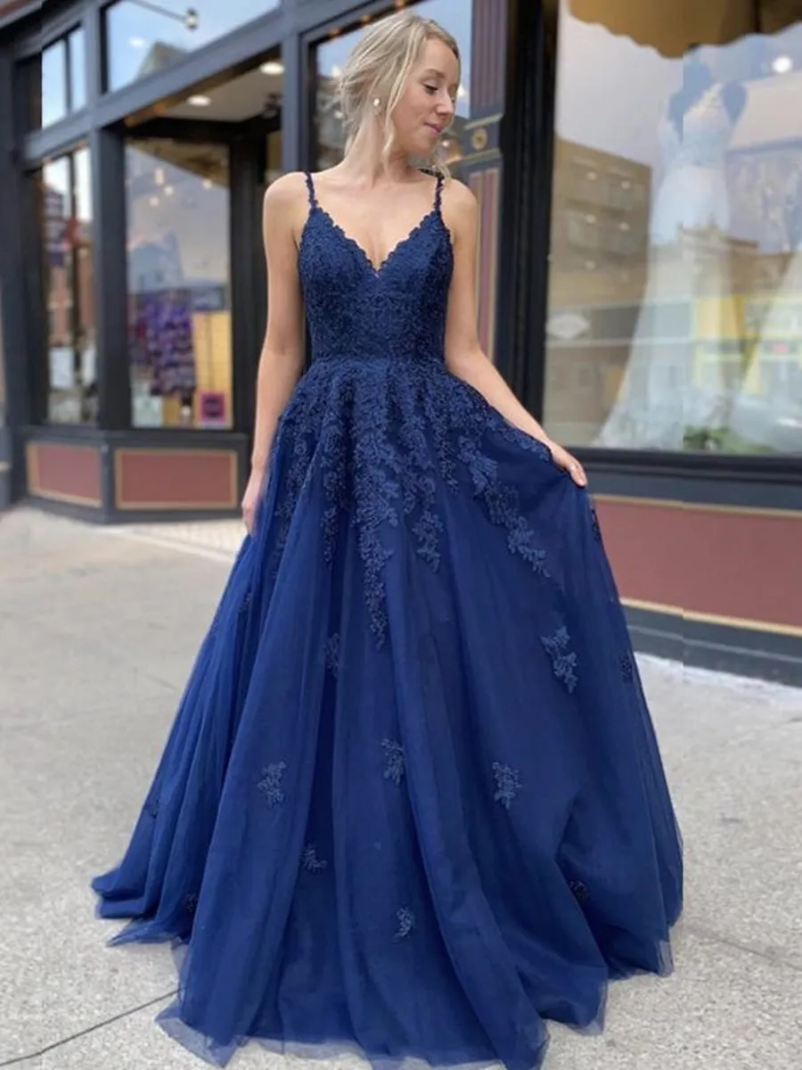 A Line V Neck Backless Navy Blue Lace Prom 2020, Backless Navy Blue Lace Formal, Navy Blue Lace Evening