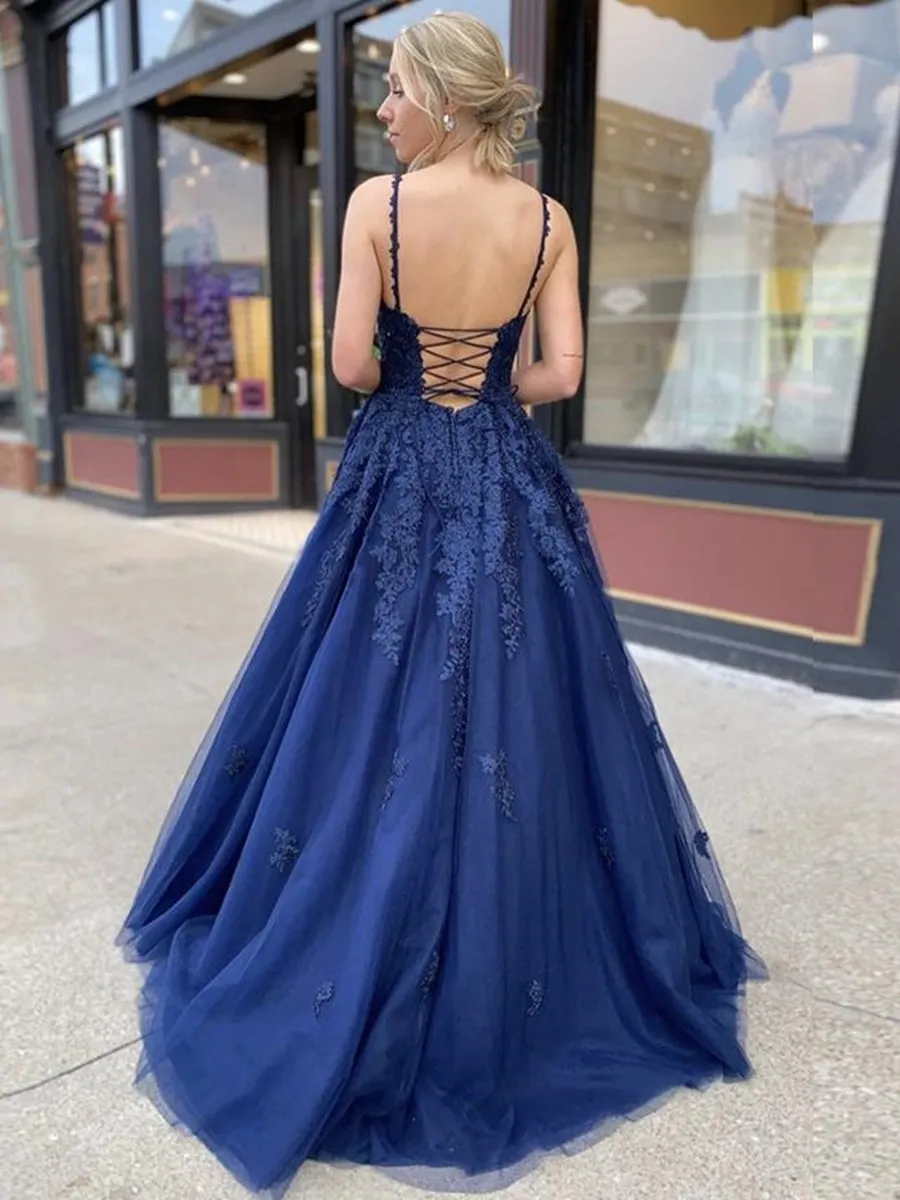 A Line V Neck Backless Navy Blue Lace Prom 2020, Backless Navy Blue Lace Formal, Navy Blue Lace Evening