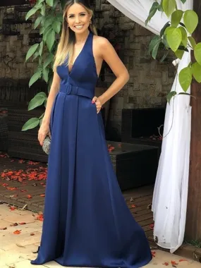 A Line V Neck Navy Blue Long Prom 2019 with Pocket, Navy Blue Formal with Belt, Evening