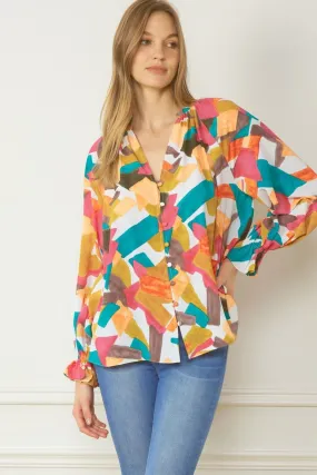 Abstract Button Down Blouse, Fuchsia Mix