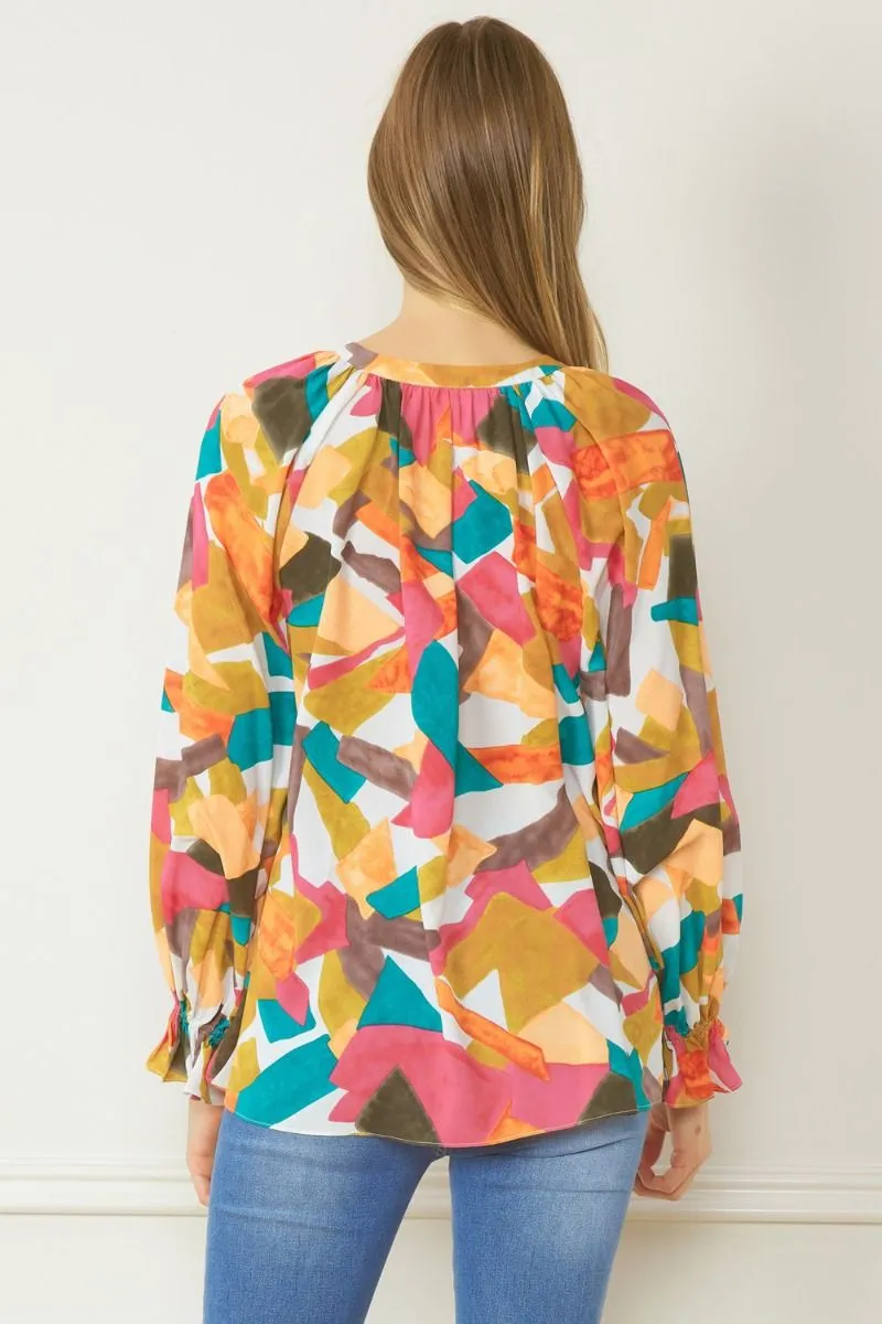 Abstract Button Down Blouse, Fuchsia Mix