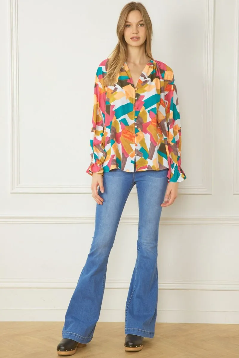 Abstract Button Down Blouse, Fuchsia Mix