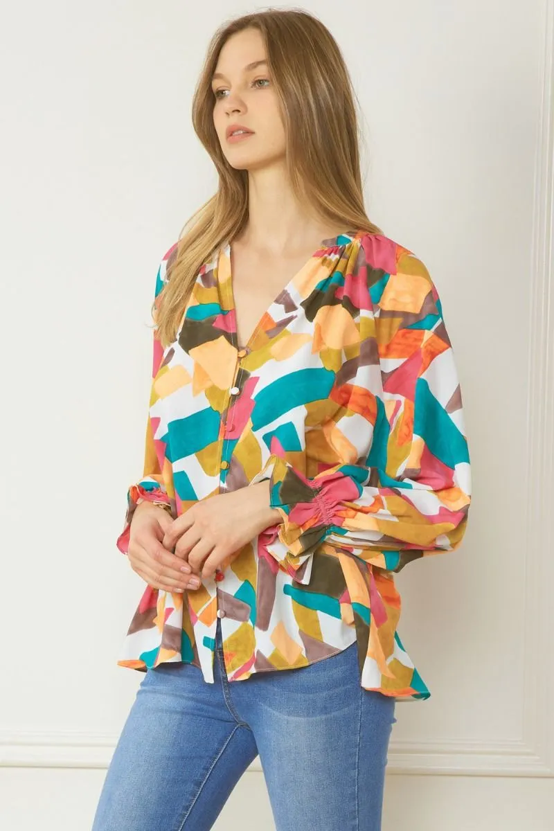 Abstract Button Down Blouse, Fuchsia Mix