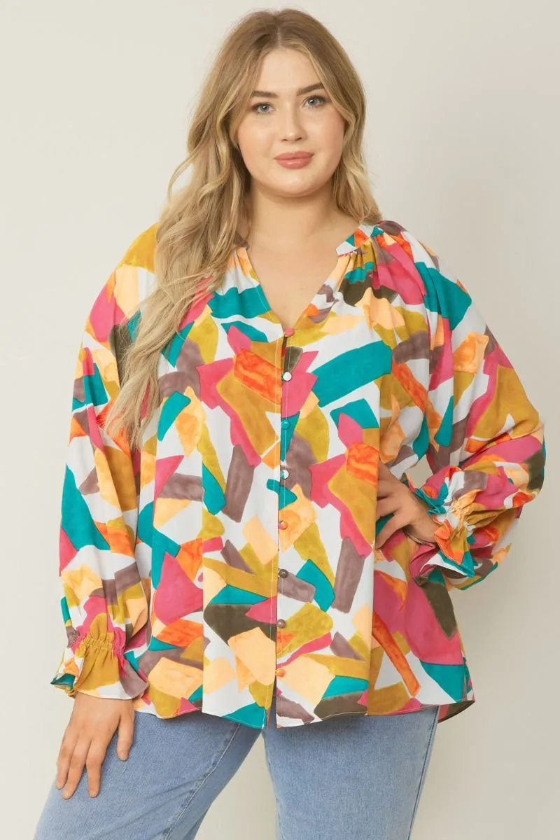 Abstract Button Down Blouse, Fuchsia Mix