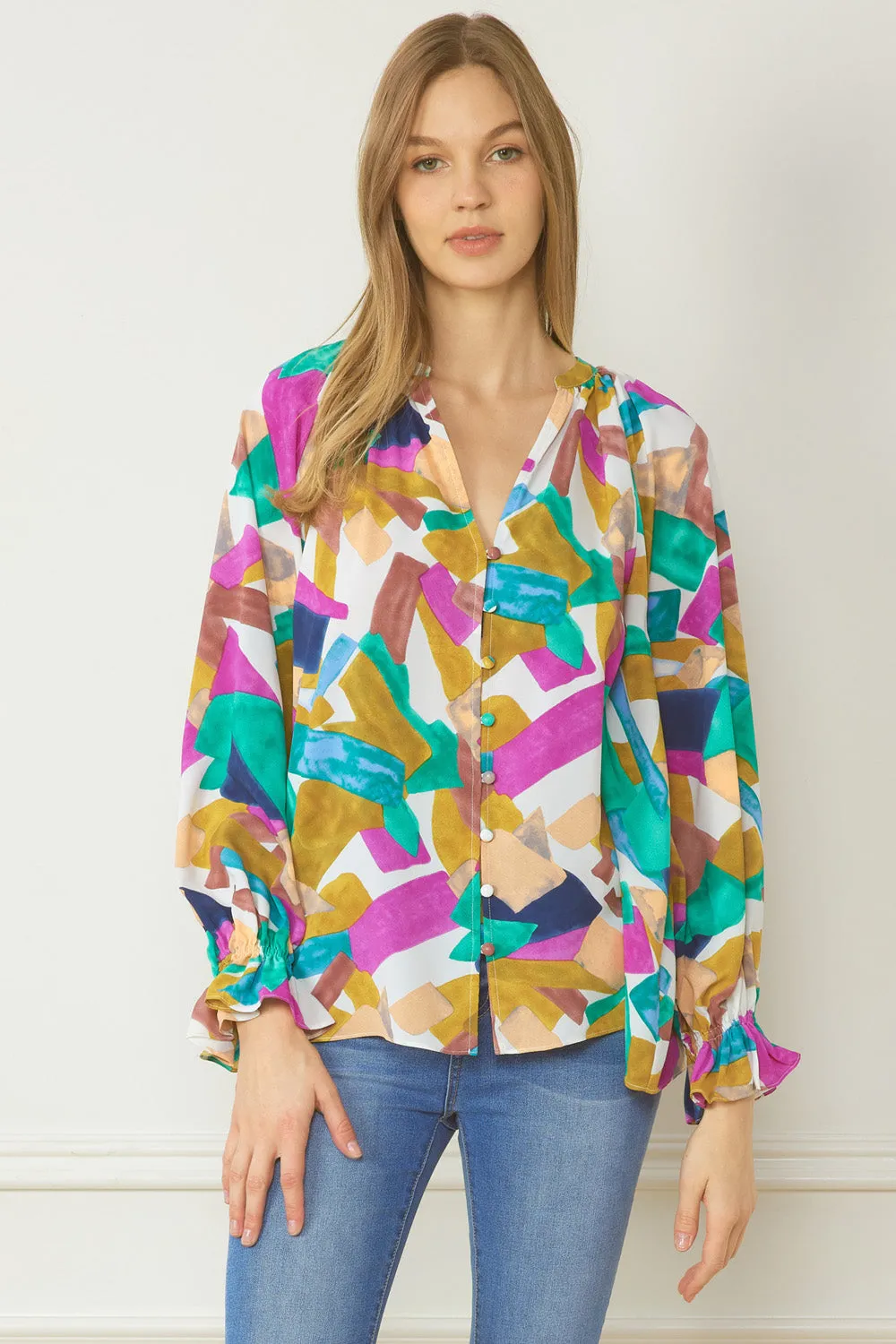 Abstract Button Down Blouse, Orchid Mix