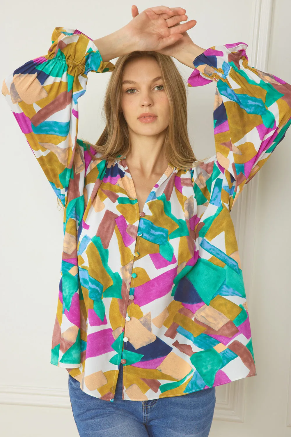 Abstract Button Down Blouse, Orchid Mix