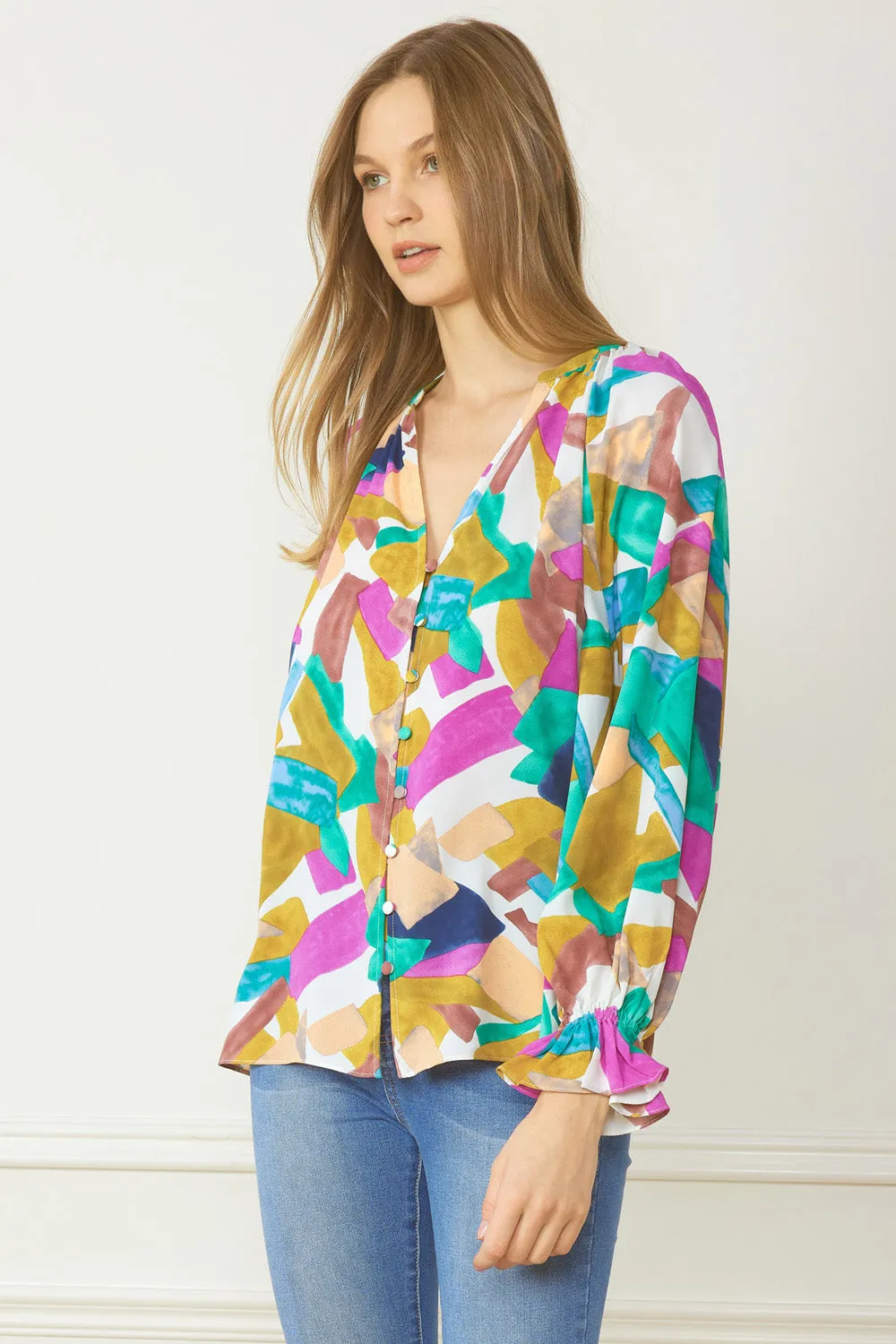 Abstract Button Down Blouse, Orchid Mix