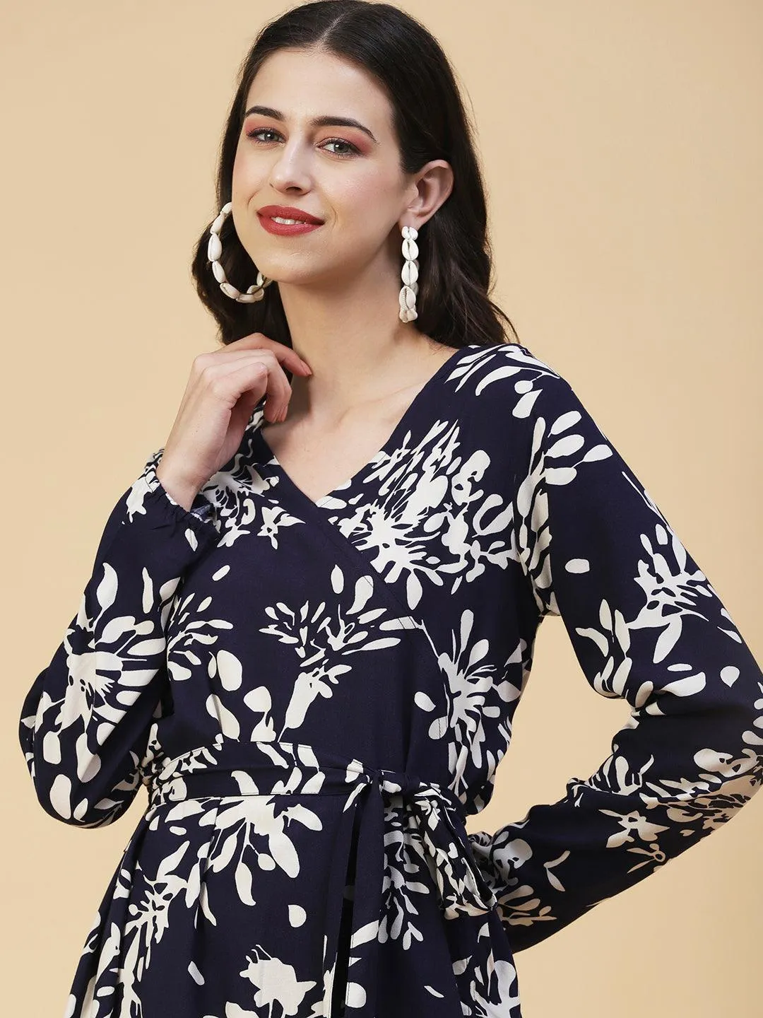 Abstract Floral Printed A-line Midi Dress - Navy Blue