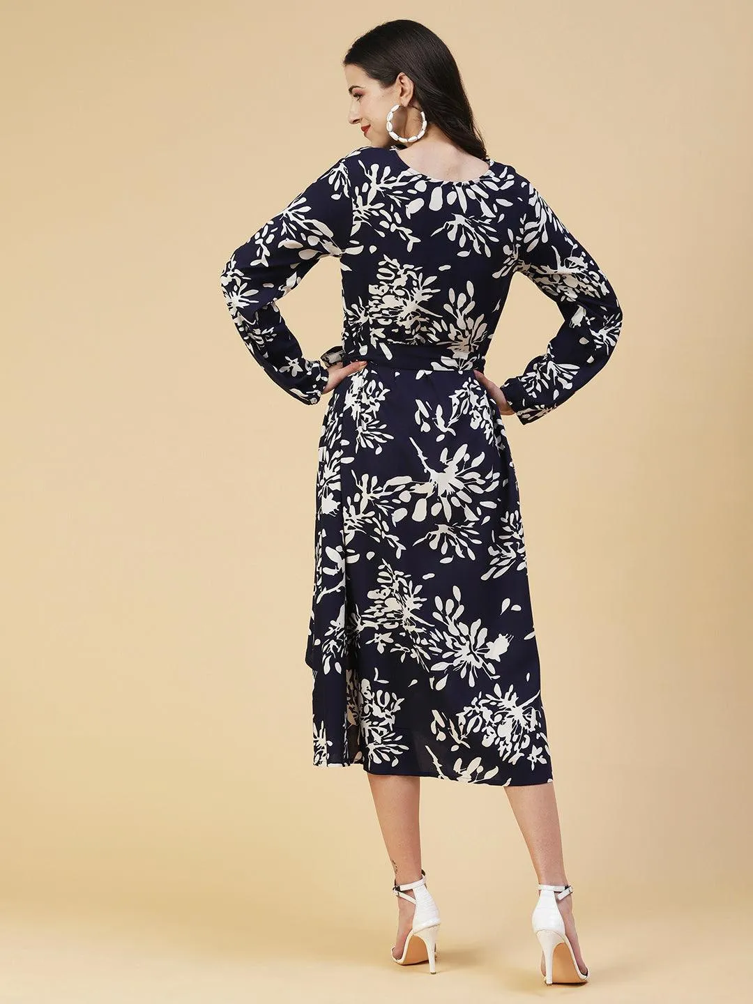 Abstract Floral Printed A-line Midi Dress - Navy Blue