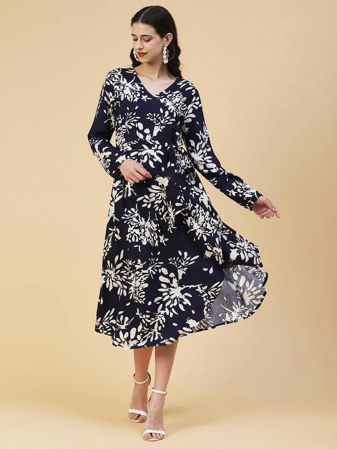 Abstract Floral Printed A-line Midi Dress - Navy Blue