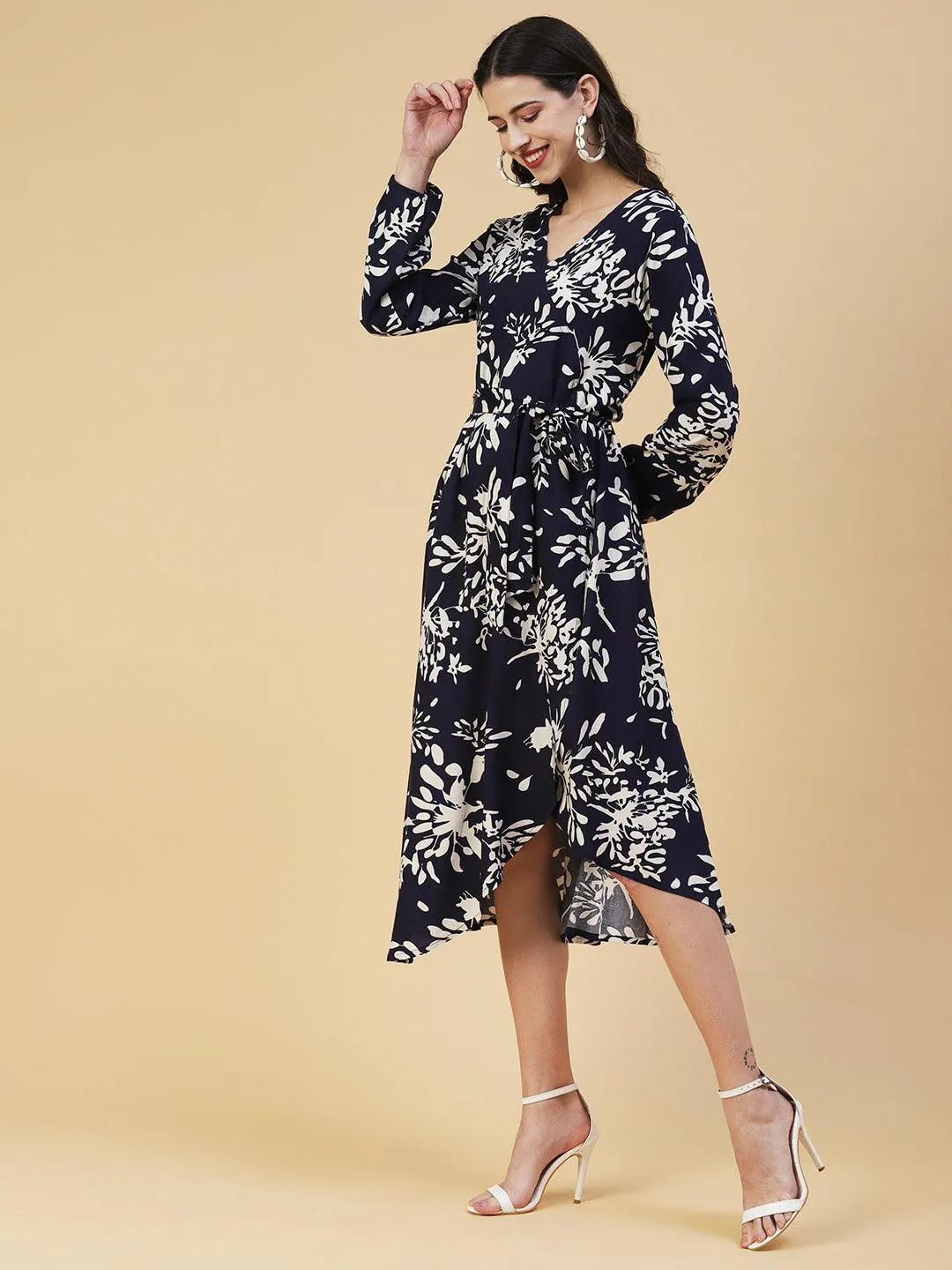 Abstract Floral Printed A-line Midi Dress - Navy Blue