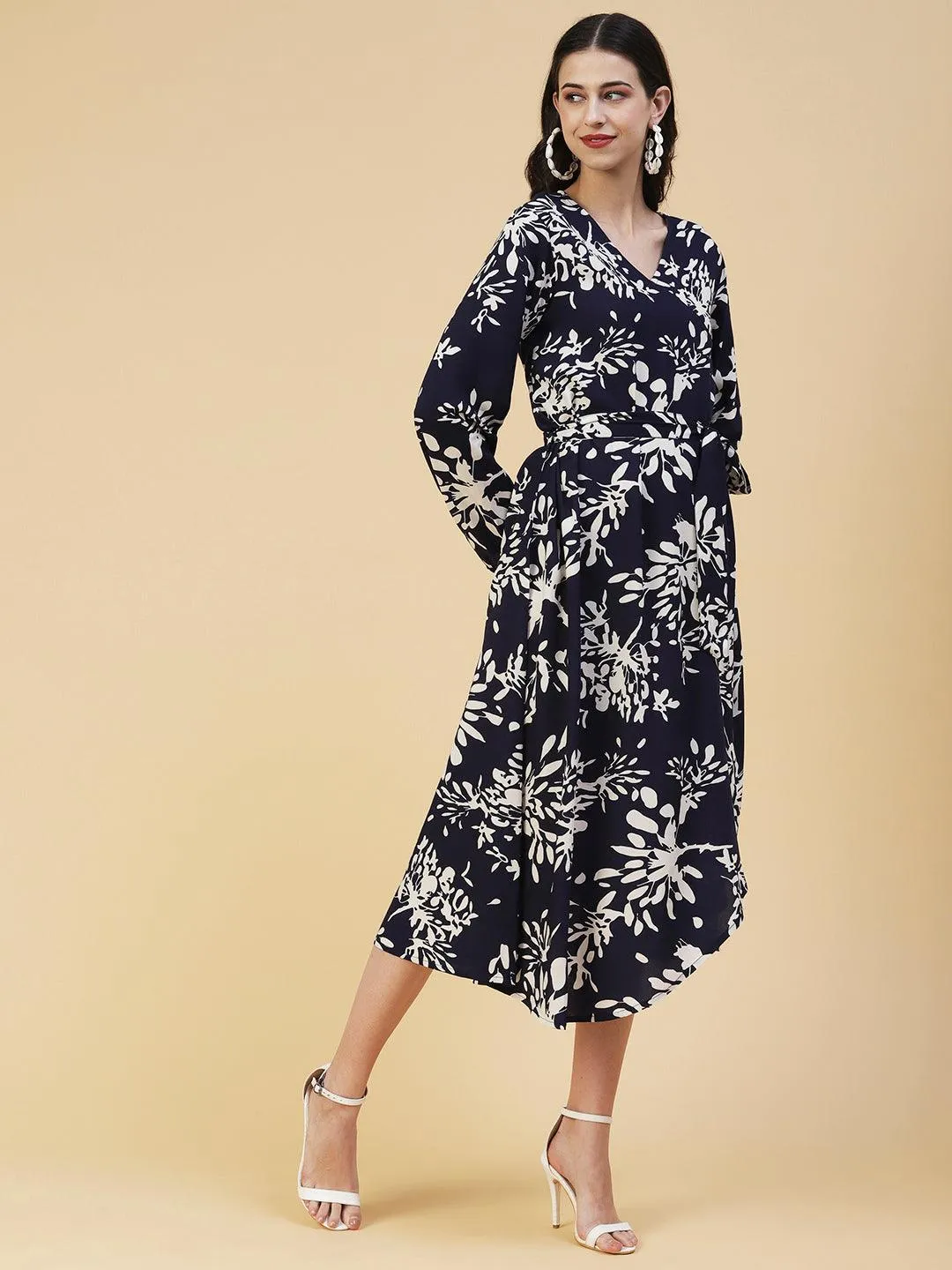 Abstract Floral Printed A-line Midi Dress - Navy Blue