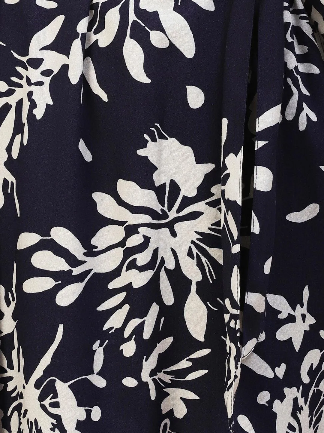 Abstract Floral Printed A-line Midi Dress - Navy Blue