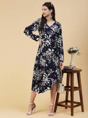 Abstract Floral Printed A-line Midi Dress - Navy Blue