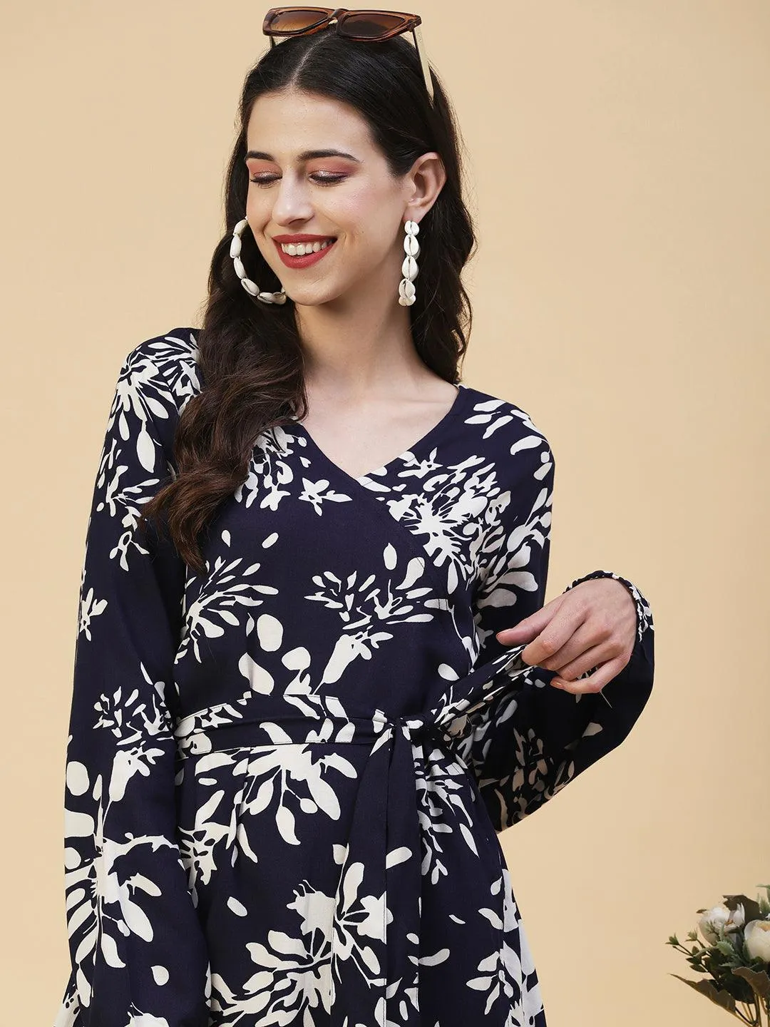 Abstract Floral Printed A-line Midi Dress - Navy Blue