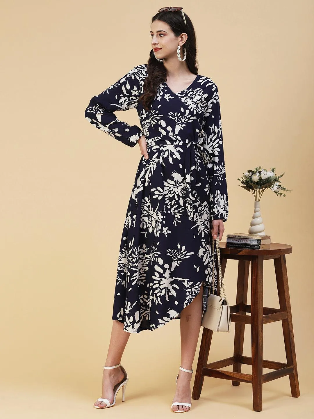 Abstract Floral Printed A-line Midi Dress - Navy Blue