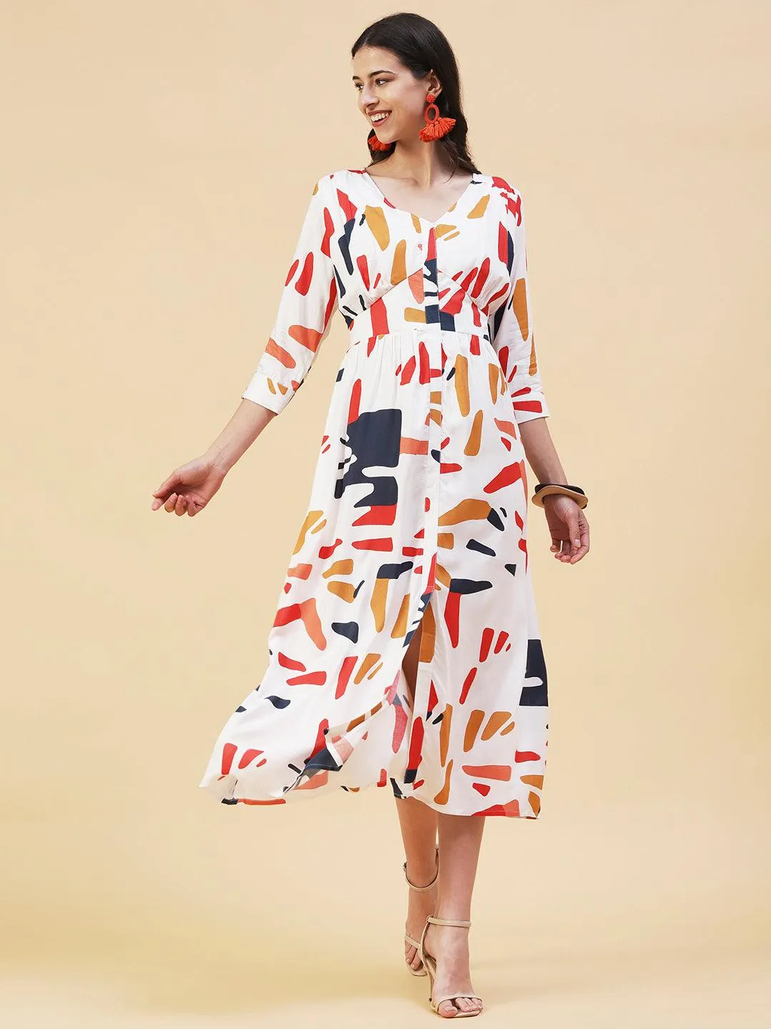 Abstract Printed A- Line Flared Midi Dress - White