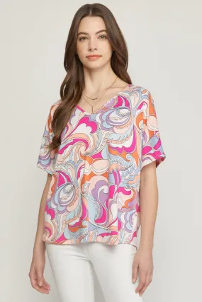 Abstract V-Neck Top, Pink