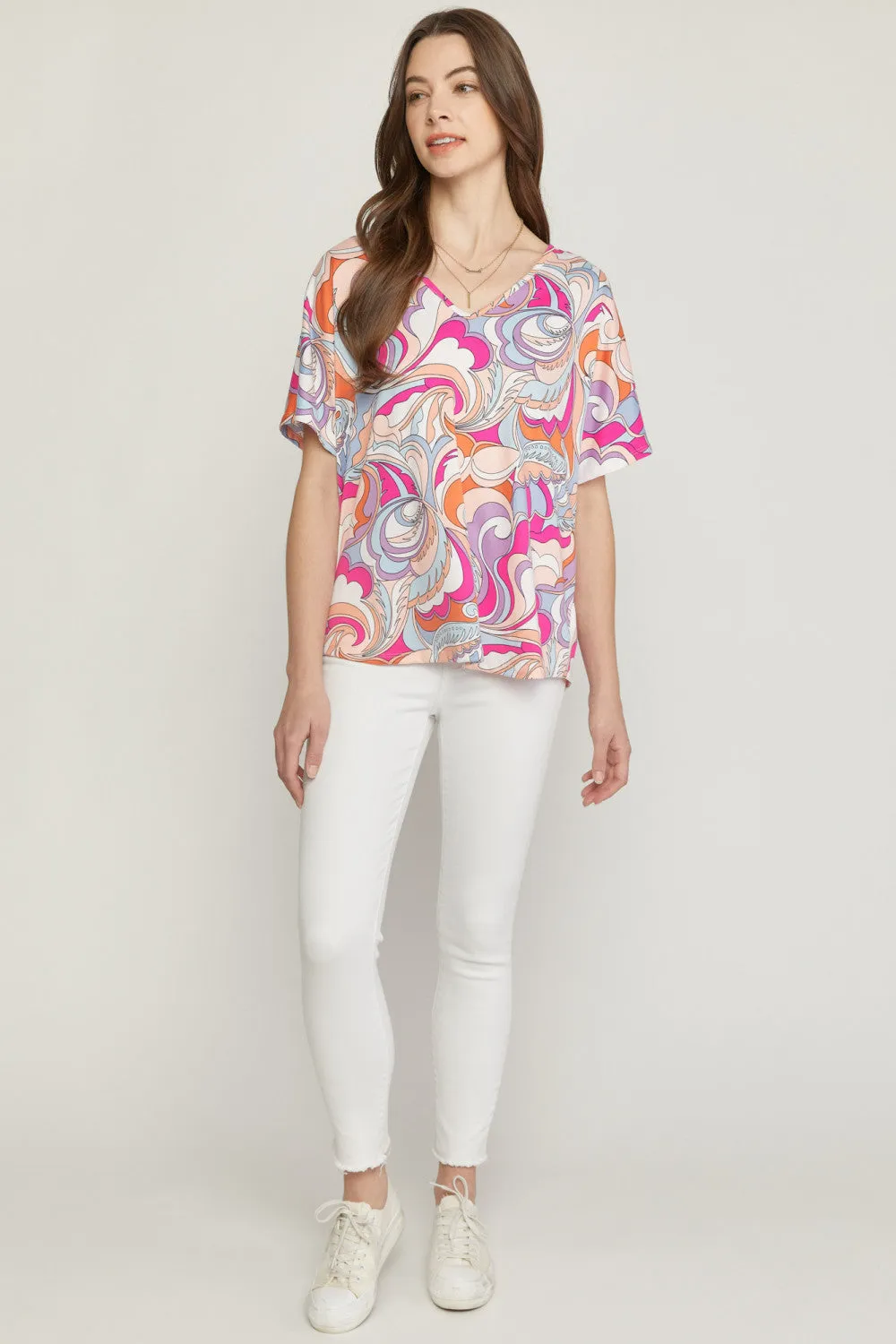 Abstract V-Neck Top, Pink