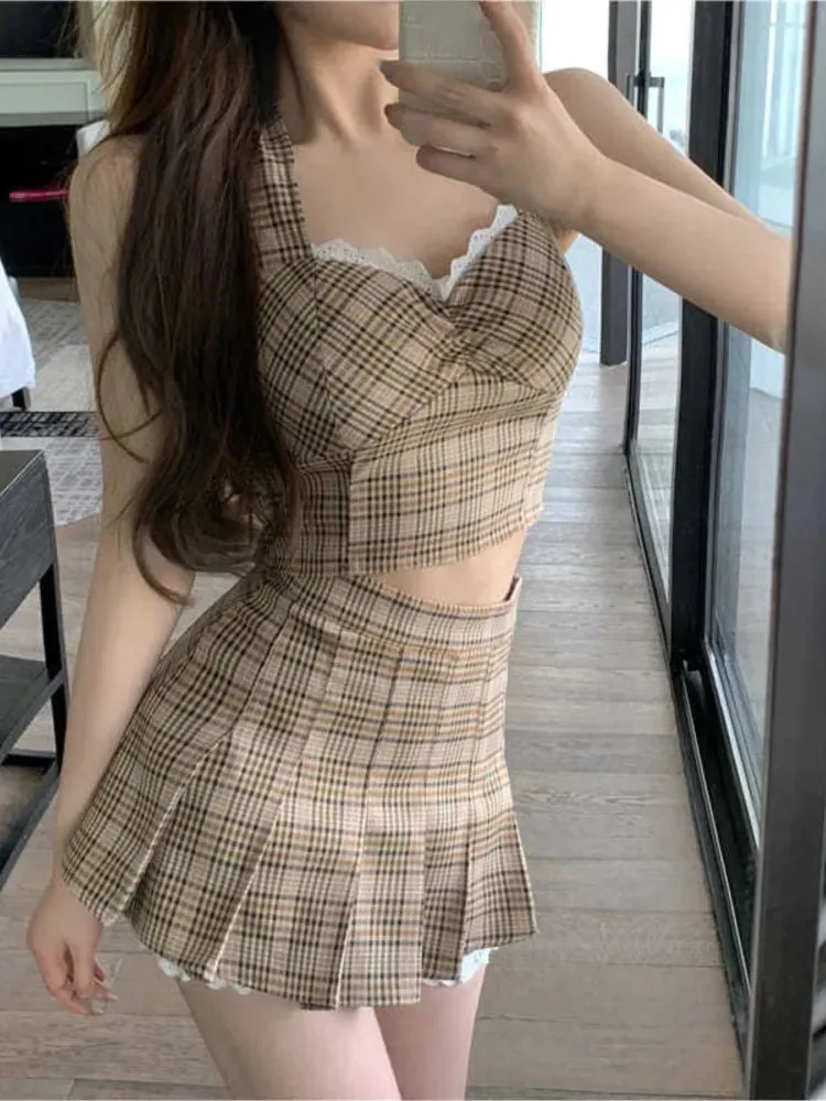 Advbridge-Plaid suit women camisole   short skirt two-piece sets summer new temperament vintage lace patchwork sleeveless suit trend