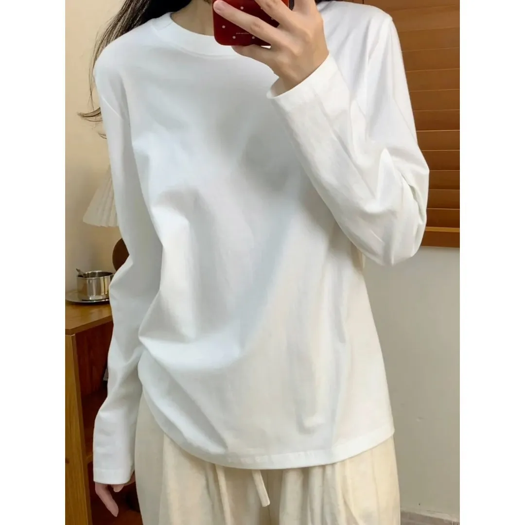 Aiertu black sweater dress outfit Basic Pure Cotton T-shirt Men's and Women's White Bottoming Shirt Autumn Simple Casual Shoulder Long Sleeve Top Inner Wear