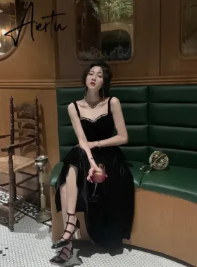 Aiertu Fashion Summer New Elegant Spaghetti Strap Velvet Vintage Black Dress Women Sexy Prom Evening Party Korean Style Dresses