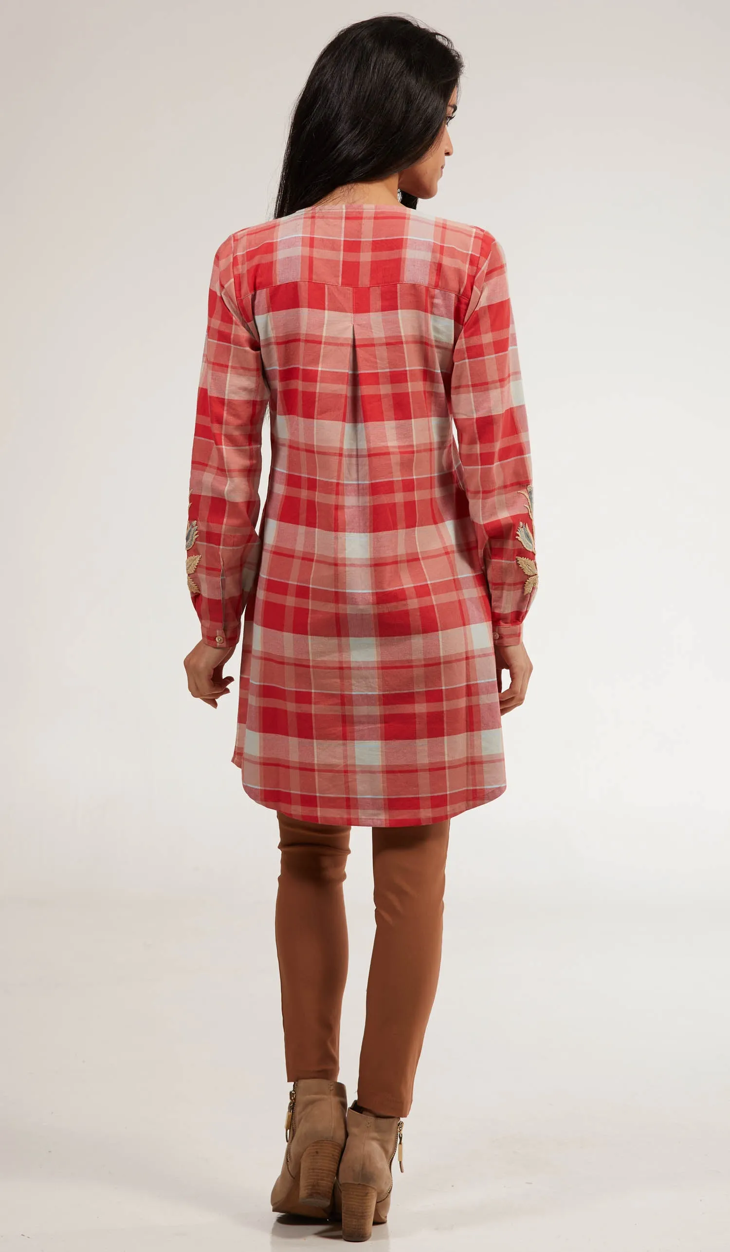 Amara Long Cotton Plaid Embroidered Tunic Dress - Clay - FINAL SALE