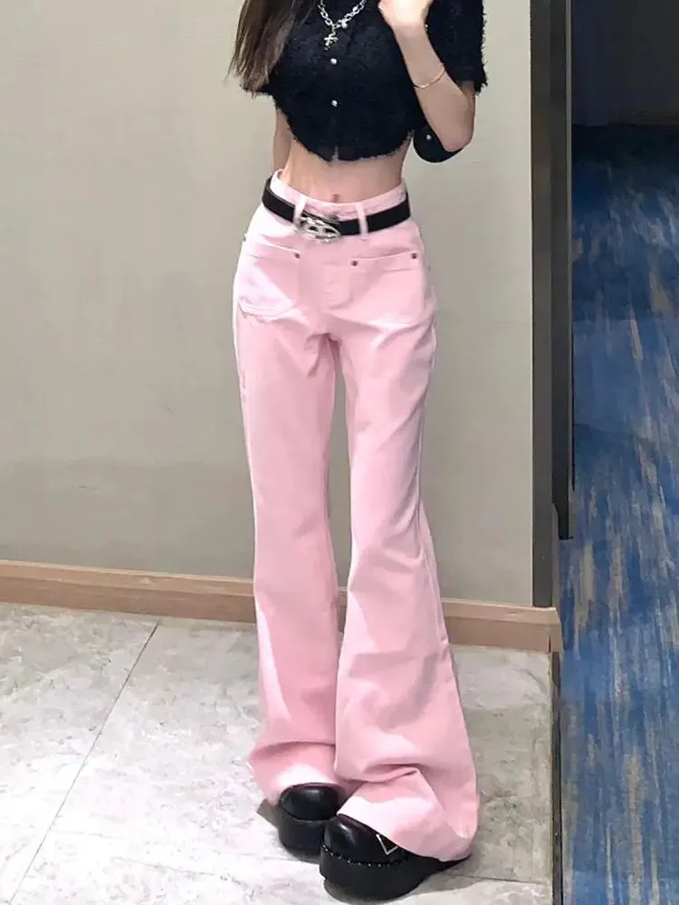 Amozae-Flare Jeans Pink High Waist Streetwear Loose All-Match Spring Fashion Korean Style Simple Women Asual New Floor Mopping Pants