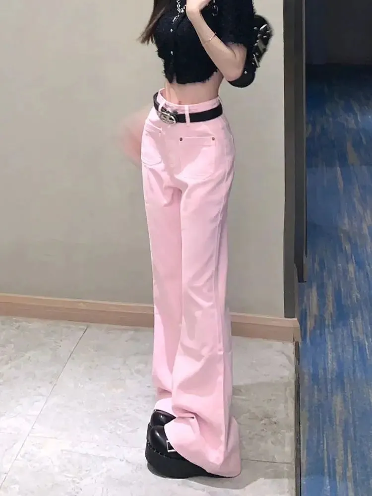 Amozae-Flare Jeans Pink High Waist Streetwear Loose All-Match Spring Fashion Korean Style Simple Women Asual New Floor Mopping Pants