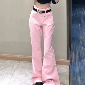 Amozae-Flare Jeans Pink High Waist Streetwear Loose All-Match Spring Fashion Korean Style Simple Women Asual New Floor Mopping Pants