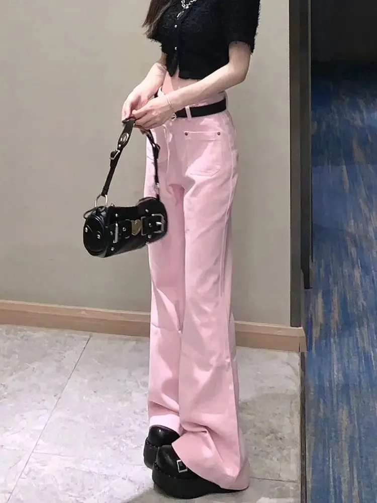 Amozae-Flare Jeans Pink High Waist Streetwear Loose All-Match Spring Fashion Korean Style Simple Women Asual New Floor Mopping Pants