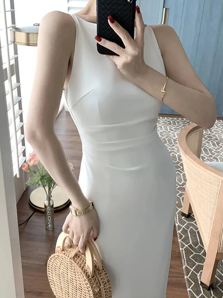 Amozae-New Women Summer Fashion Spaghetti Strap Sleeveless Sexy Dress Female Elegant Evening Midi Dress