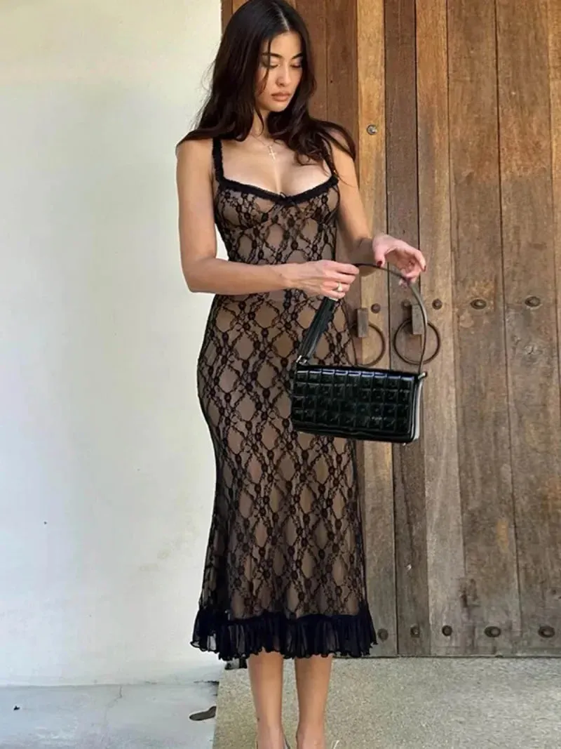 Amozae-Sexy 2024 New Women's Spaghetti Strap Lace Dress Streetwear Spring Summer Sleeveless High Waist Backless Slim Party Club Dresses